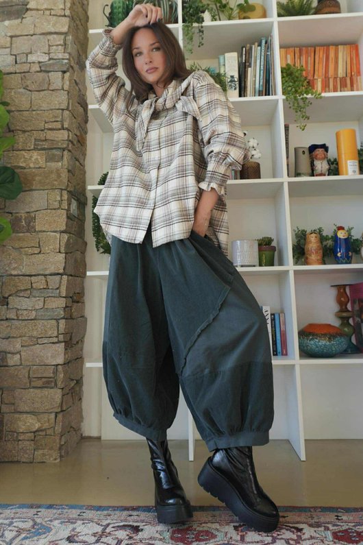 Agnes Plaid Brushed Cotton Neckerchief Blouse Warm Grey